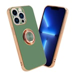 Coque pour Apple iPhone 13 PRO en Glossy Vert Clair - Or avec anneau Housse de protection Étui en silicone TPU flexible, avec protection pour appareil photo et support voiture magnétique - Neuf