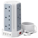 AODENG Tower Extension Lead with USB Slots 5M, 12 Way Outlets Multi Plug Extension Tower with 4 USB Slots (1 Type C & 3 USB Ports), Surge Protector Long Extension Lead tower for Home, Office, Kitchen