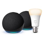 Echo Dot (5th generation) | Charcoal, 2-pack + Philips Hue Smart Bulb (B22), Works with Alexa - Smart Home Starter Kit