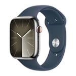 Apple Watch Series 9 GPS + Cellular 45 mm Silver rustfrit stål urkasse med Storm blå Sportsrem - M/L