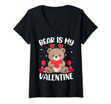 Womens Bear Is My Valentine Love Hearts Bear Valentines Day V-Neck T-Shirt