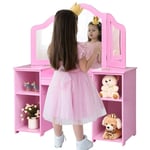 COSTWAY Coiffeuse pour Enfants 2 en 1 avec Miroir Amovible, Bureau Enfant avec 4 Étagères de Style Princesse pour Filles, Rose