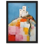 Artery8 House on the Hill Oil Painting Abstract Geometric Patchwork Palette Knife Pastel Colour Rural Landscape Artwork Framed Wall Art Print A4