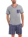 Aseniza Pyjama Homme Ete Coton Ensembles de Pyjama Court à Manches Courtes Short à Carreaux Été Tenues de Nuit Vêtements de Nuit Eté Vêtement d'Intérieur Vêtements de Détente Loungewear Gris Foncé XXL