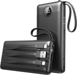 Batterie Externe 10000mah Avec 4 Câbles Intégrés, 5 Sorties Et 4 Entrées Batterie Portable Puissante, Battery Pack De Voyage Chargeur Externe Compatible Avec Iphone/Samsung/Android[L2315]