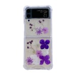 Telefonfodral för Samsung Galaxy Z Flip 3 med glittrande skal, äkta torkade blommor, dropplim och anti-droppskydd