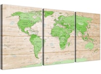 Large Lime Green Cream World Map Atlas Canvas Wall Art - Multi Set of 3 - 3310