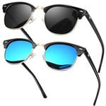 KANASTAL Lunettes de Soleil Polarisées Homme et Femme Rétro Lunettes de Soleil Demi Monture Métal Classique Lunette de soleil UV400 Vintage Noir et Bleu