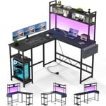 Devoko LED Bureau Gaming 120 * 140CM,Bureau d'angle avec Rangement, Bureau Informatique PC en Forme L déformable avec Sac de Rangement, avec 2 Chargeur USB, 2 Prises, Jouer et Travailler, Noir