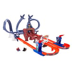 Hot Wheels RacerVerse Piste de Course Mobile de Spiderman Coffret Circuit avec Voitures de Course Spiderman et Black Panther, Course en Plusieurs Tours pour échapper à Doc Ock, HPL34