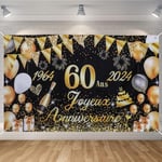 Seutgjie Banderole Joyeux Anniversaire 60 Ans 1964-2024, Décoration Anniversaire 60 Ans Toile de Fond Anniversaire Hommes/Femmes, Bannière Joyeux Anniversaire pour Fête, Or Noir 180 x 110 cm