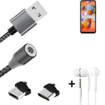 Data charging cable for + headphones Samsung Galaxy A11 + USB type C a. Micro-US