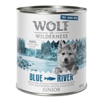 Økonomipakke: 12 x 800 g Wolf of Wilderness Junior "Frilandskød" - Blue River - Frilandskylling & Laks