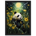 Midsummer Night's Panda Dream Oil Painting Panda Bear in a Full Moon Sunflower Field Landscape Kids Bedroom Artwork Framed Wall Art Print A4