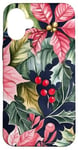 Coque pour iPhone 16 Plus Poinsettias rouge vif avec houx et feuilles vert foncé