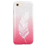 Coque Iphone 7 et 8 et SE 2020 paillettes rose tie plumes blanc