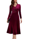 Berylove Robe en velours pour femme - Robe de soirée longue - Robe festive - Col en V - Robe de bal - Manches longues - Robe de cocktail - Robe d'hiver, bordeaux, XL