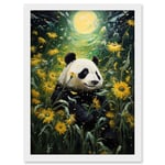 Artery8 Midsummer Night's Panda Dream Oil Painting Panda Bear in a Full Moon Sunflower Field Landscape Kids Bedroom Artwork Framed A3 Wall Art Print