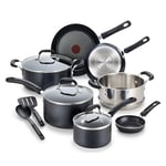 T-fal Experience Nonstick Cookware Set 12 Piece, Induction, Oven Broiler Safe 350F, Kitchen Cooking Set w/Fry Pans, Saucepan, Stockpot, Kitchen Utensils, Pots and Pans, Dishwasher Safe, Black