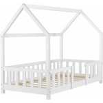 Lit pour enfant cabane maison avec barrière et sommier à lattes en bois de pin blanc 80 x 160 cm