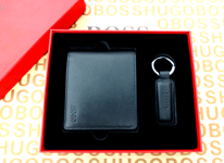 HUGO BOSS Genuine Bifold Wallet & Key Ring Set Mens Black Leather Wallets Boxed