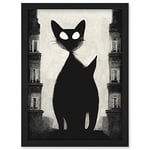 Doppelganger33 LTD Giant Black Cat Le Chat Noir City Monochrome Illustration Artwork Framed Wall Art Print A4