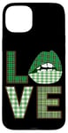 iPhone 15 Plus Green Plaid Lips Love Text Case