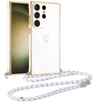 Vauki Coque pour Samsung Galaxy S23 Ultra avec Cordon de Collier, Galvanisé Etui Housse avec Motif Coeur d'amour, Antichoc Anti-Rayures Case avec Bandoulière pour Samsung S23 Ultra 6.8", Blanc