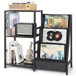 Bikoney Record Player Stand, End Table with 3-Tier Vinyl Record Storage, Record Player Table Up to 200 Albums, Turntable Stand for Vinyl Records, Vinyl Record Holder Cabinet for Living Room (Black)