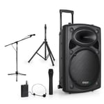 Enceinte sono portable 15" 800W - USB/BT/REC + 2 Micros VHF + Pied + Pied Micro + Câble PC