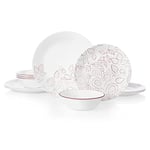 Corelle Leaf Stitch 12-Piece Dinnerware Set Service for 4 red, White