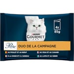 GOURMET PERLE | DUO DE LA CAMPAGNE | Adulte Chat | Poulet-Bœuf, Dinde-Agneau, Veau-Canard, Lapin-Gibier | En Sauce | 4 x 85 g | Lot de 12| Sachet fraicheur