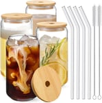 4 Pack Beer Can Glass With Bamboo Lid And Glass Straw Iced Coffee Cup