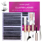 3D Thick Eyelash Extension Kit 320 Pcs Fluffy Cluster Lashes 60D+80D 10-16mm Lash Extension Kit Individual Eyelashes with Bond and Seal Glue Tweezers False Eyelashes Set for Beginners (60D+80D)