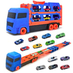 Cugybue Jouet de Camion pour Enfant,Transporteur Voiture Jouet Set,Camion Jouet Enfant Cadeau Enfant Portable avec 12 Voitures de Course, Meilleur Cadeau pour 3 4 5 6 Ans Garcon,Bleu