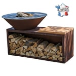 PACK PRINTEMPS Braséro plancha avec meuble range bois Le Classique en corten 100x90 Barbecue d'extérieur Grill'Chic