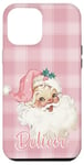 iPhone 12 Pro Max Pink Christmas Santa Claus Vintage Face on Pink Gingham Case