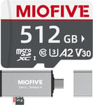 Carte Mémoire Microsdxc 512 Go ¿ Carte Micro Sd Ultime Avec Lecteur De Carte Usb 3.0 Type-C 170 Mo/S, C10, U3, A2, V30, 4K Pour Caméras Embarquées, Smartphones Android, Tablettes Et Appareils