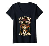 Womens Feasting With Fur-Ever Friends Dog Design Art Friendsgiving V-Neck T-Shirt