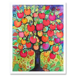 Apple Tree Folk Art Bright Watercolour Painting Art Print Framed Poster Wall Decor 12x16 inch