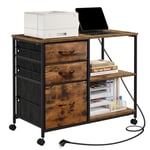 WOLTU Caisson Bureau, Armoire de Bureau à roulettes, avec Station de Charge, Meuble Imprimante, 3 Tiroirs, 2 Étagères, 2 Prises, 2 Ports USB, Dossiers Suspendus,Marron Rustique, ASK07shm