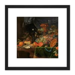 Mignon Still Life With Fruit Oysters Painting 8X8 Inch Square Wooden Framed Wall Art Print Picture with Mount