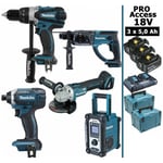 Makita - Pack Pro 18V 5Ah: Perceuse 91Nm DDF458 + Meuleuse 125mm DGA504 + Perforateur 2J DHR202 + Visseuse à chocs 165Nm DTD152 +