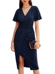 GRACE KARIN Short Sleeve Summer Bodycon Wrap Dress for Women UK Elegant Midi Business Ruffle Sleeve Slit Work Dresses for Ladies Size 18 XL Dark Blue