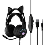 Trådbundet spelheadset, söta kattöron RGB-bakgrundsbelysning Over-Ear-hörlurar Brusreducerande mikrofon Surroundljud för bärbar dator Black