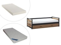 Lit gigogne industriel BOSTON - 2 x 90 x 190 cm - MDF, Pin et métal - Coloris : Noyer et anthracite + Matelas