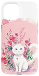 iPhone 15 Cute white cat,pink background,flowers art Case