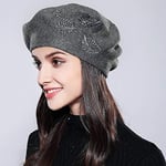 QB Béret Femme Femmes bérets Coton Laine Marque Bonnet tricoté Mode Fleur Strass Automne Hiver Chapeaux pour Femmes Casquettes-Gris foncé