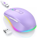 Seenda Souris sans fil, USB Jiggler Rechargeable RGB Mouse, 800/1200/1600/2000 DPI Réglable, Soft Click, Souris d'ordinateur portable pour Windows/Mac/Linux, Violet