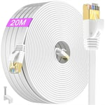 Cable Ethernet 20m, Cat 7 Cable Rj45 Blindé Cable Réseau 20 Mètres Plat Haut Débit Fibre 10Gbps 600MHz Câble Internet très Long Cable Lan Blanc Fil Ethernet pour Routeur Modem.[G568]